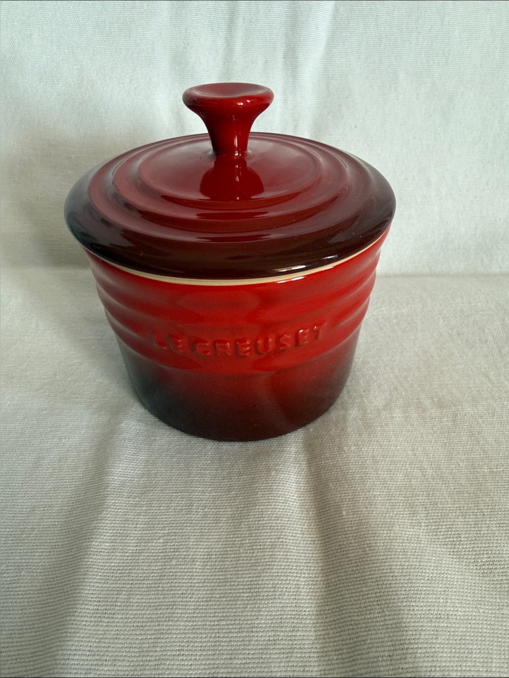 Le Creuset Red Cerise Small Glazed Stoneware Jar / Canister with Lid